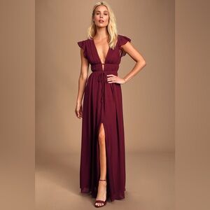 NWT Lulus I’m All Yours Burgundy Ruffle Maxi Dress